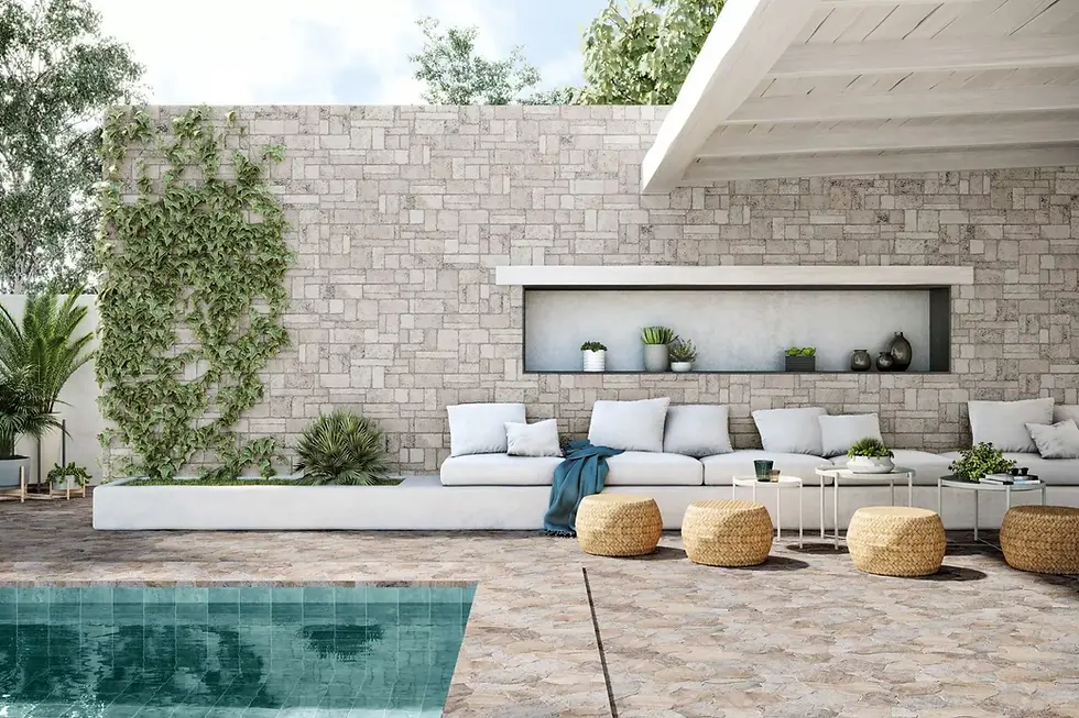 Terrasse avec un Carrelage effet pierre