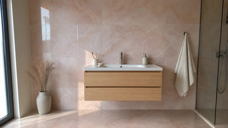 Salle d'eau avec carrelage brillant effet onyx rose au mur et au sol