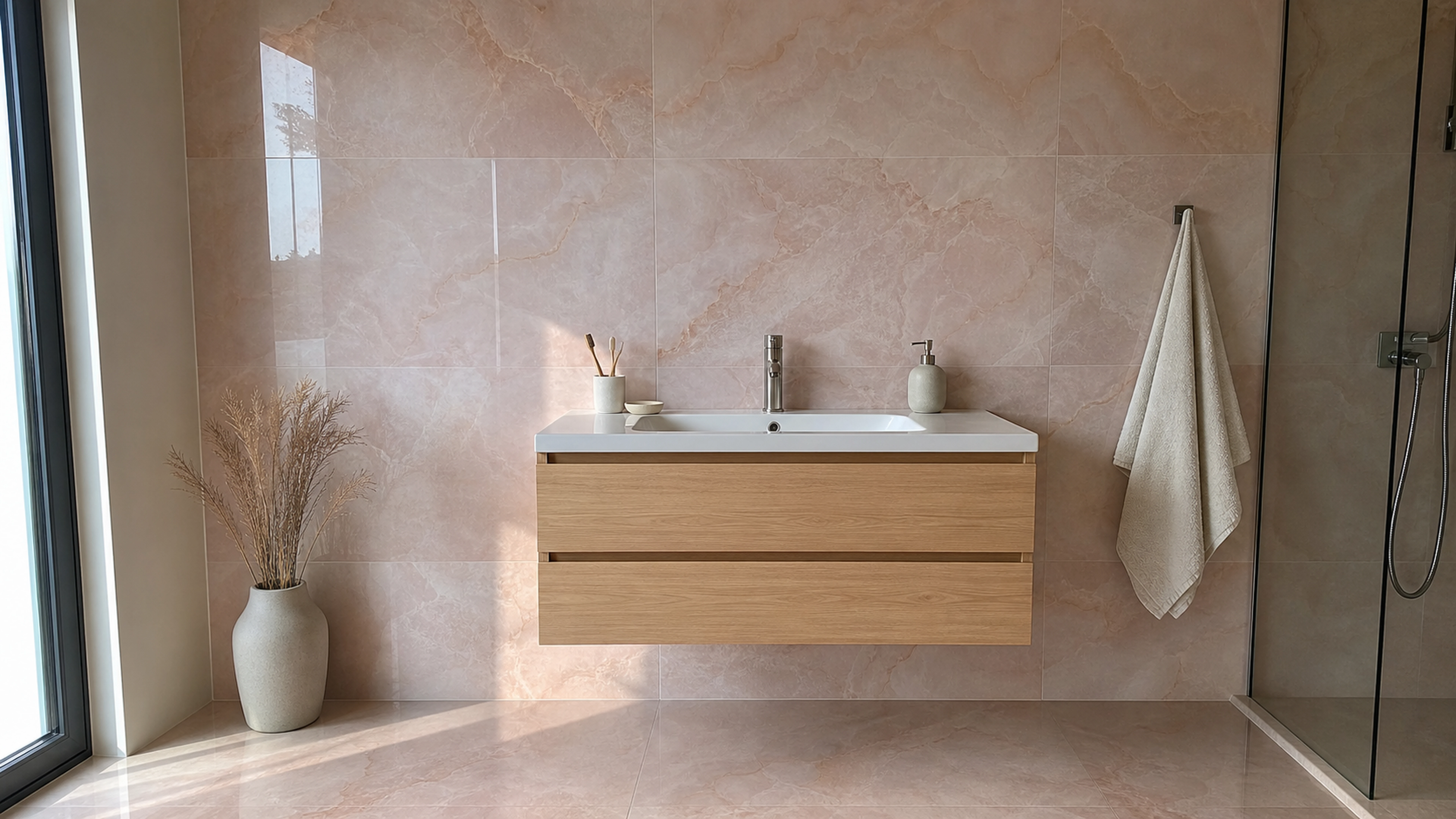 Salle d'eau avec carrelage brillant effet onyx rose au mur et au sol