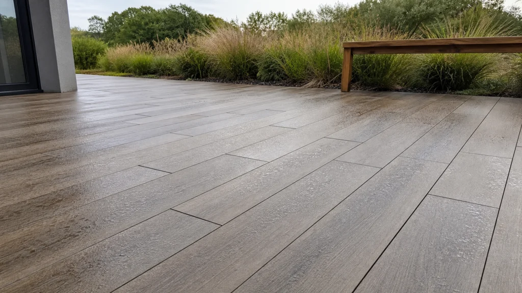 Terrasse en carrelage antidérapant effet lames de bois composite