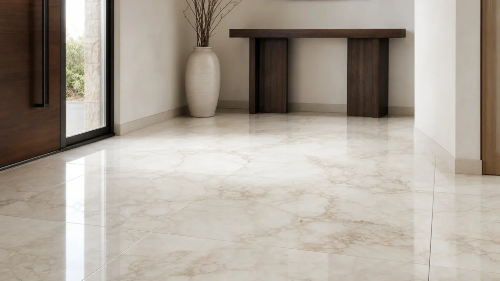 Hall lumineux avec carrelage effet marbre blanc aux veinages dorés