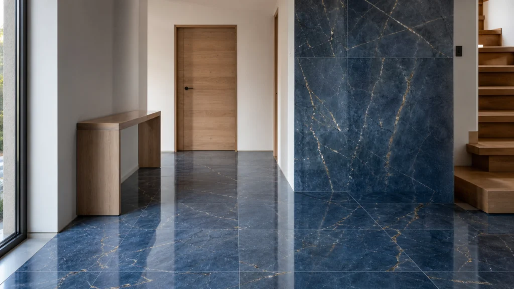 Hall contemporain avec carrelage brillant effet marbre bleu et veines dorées
