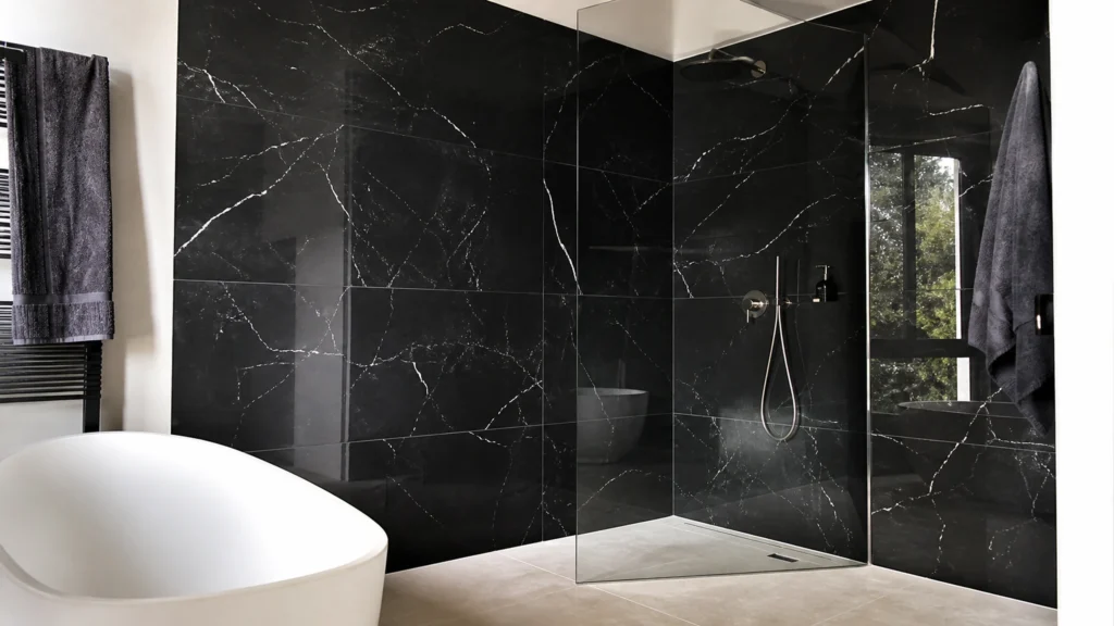 Salle de bains avec carrelage noir brillant effet marbre à veinage blanc