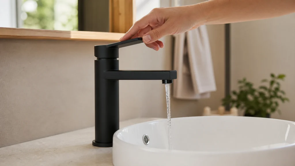 Mitigeur de lavabo noir mat installé sur une vasque blanche