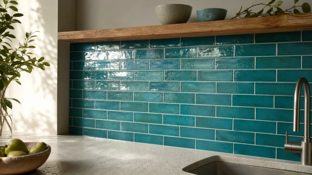 Crédence de cuisine en carreaux effet zellige bleu turquoise brillants