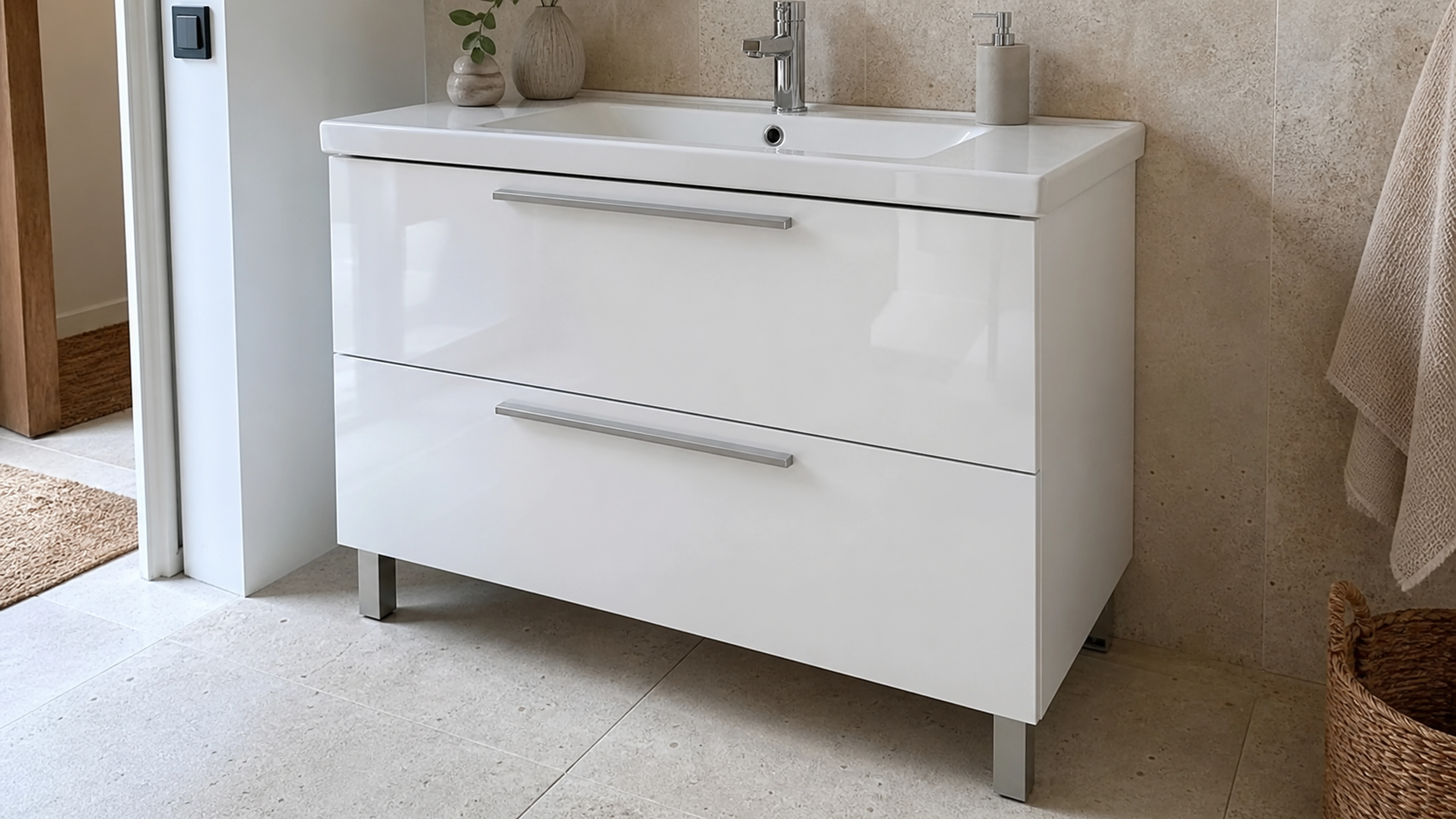 Meuble de salle de bain blanc laqué brillant avec vasque en céramique et tiroirs