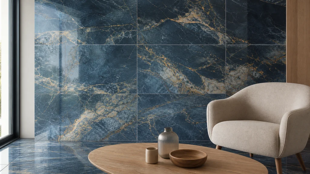 Carrelage grand format effet marbre bleu et or posé au mur d’un intérieur contemporain