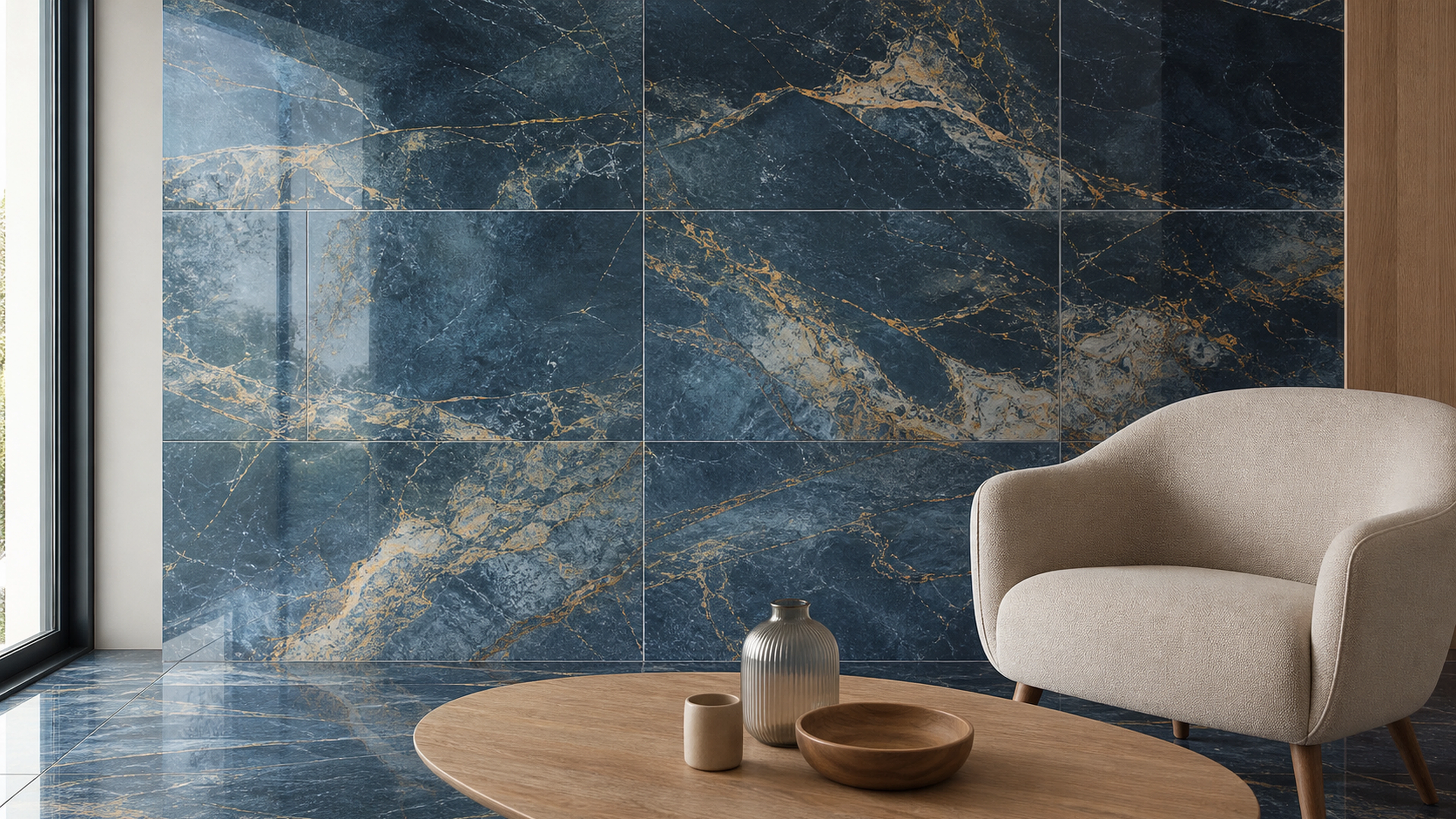 Carrelage grand format effet marbre bleu et or posé au mur d’un intérieur contemporain