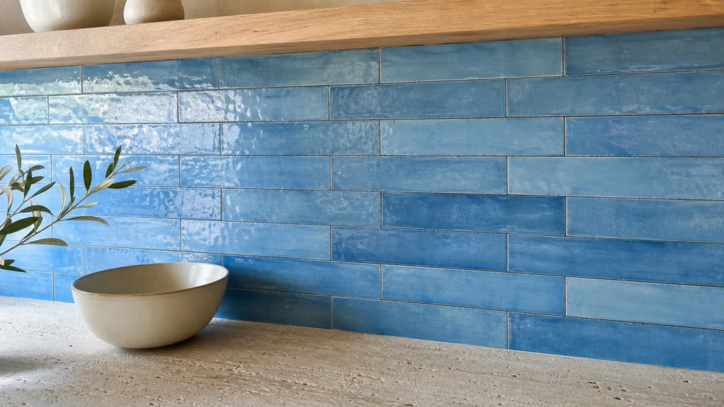 Carrelage mural bleu brillant style zellige en rectangles dans une cuisine