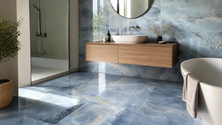 Salle de bains contemporaine avec grès cérame brillant bleu effet onyx au sol et au mur