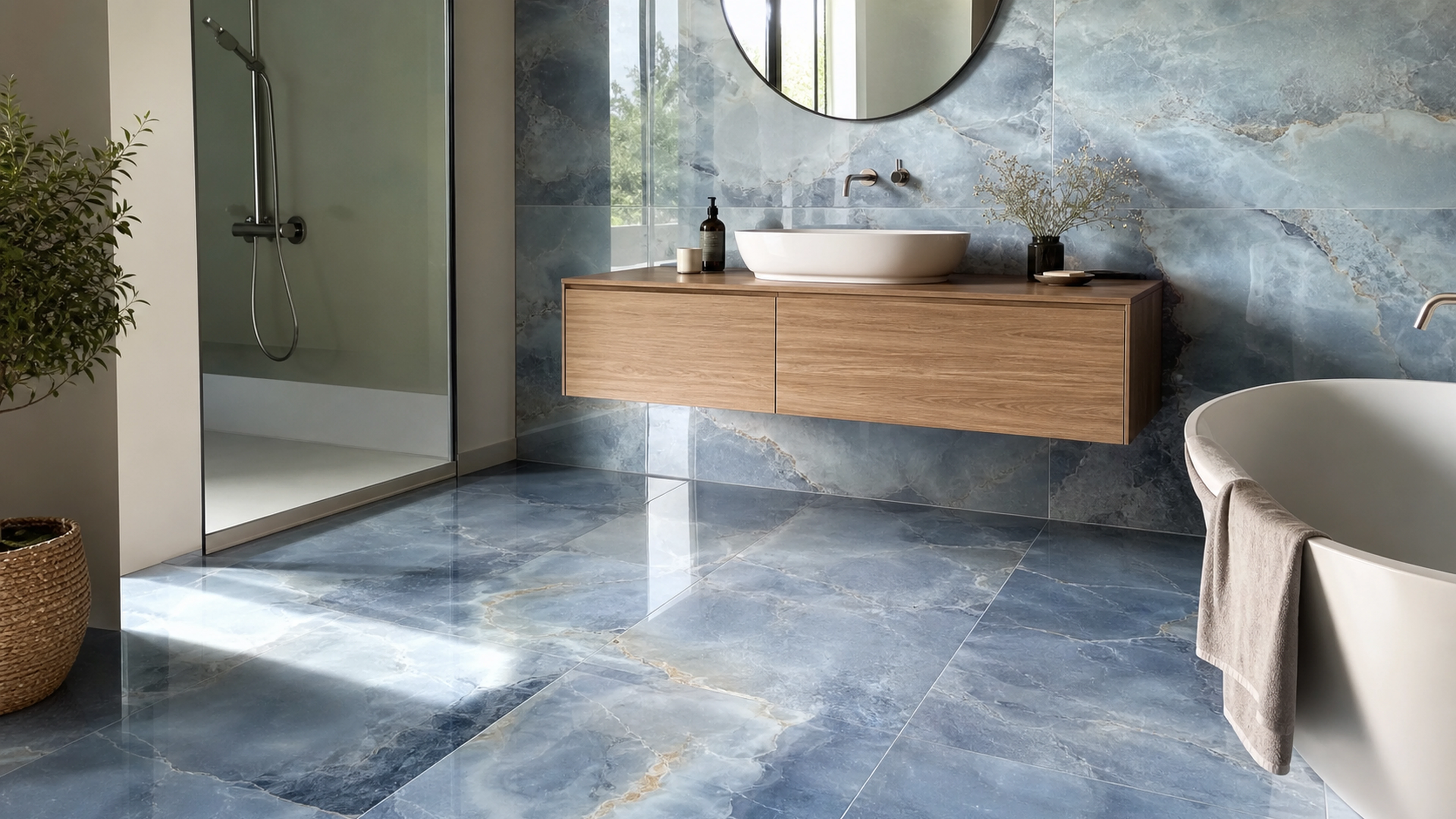 Salle de bains contemporaine avec grès cérame brillant bleu effet onyx au sol et au mur