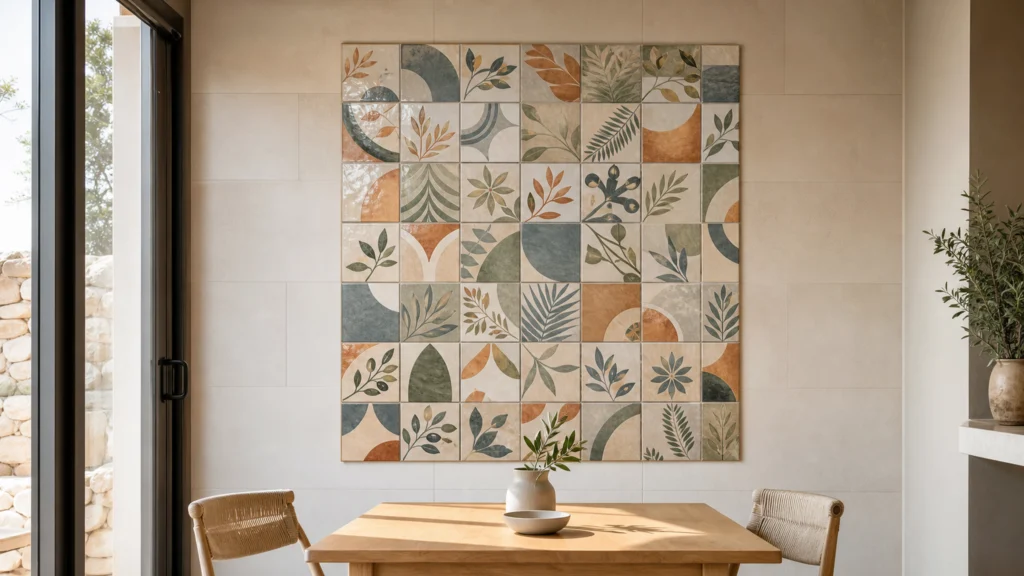 Fresque murale carrée composée de 36 carreaux décoratifs dans un coin repas lumineux