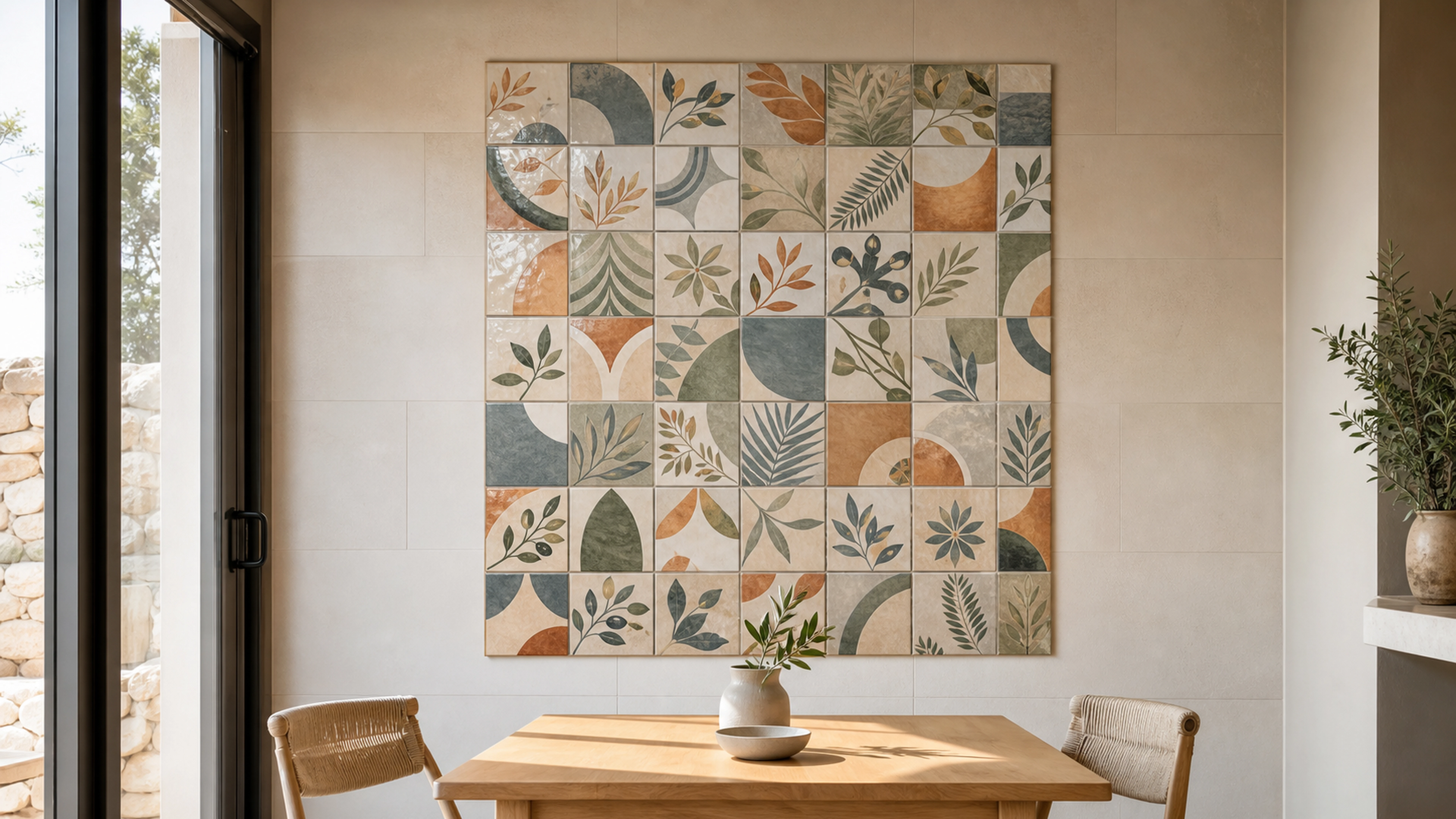 Fresque murale carrée composée de 36 carreaux décoratifs dans un coin repas lumineux