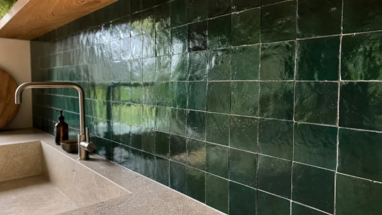 Crédence en carreaux effet zellige vert forêt brillant dans une cuisine lumineuse