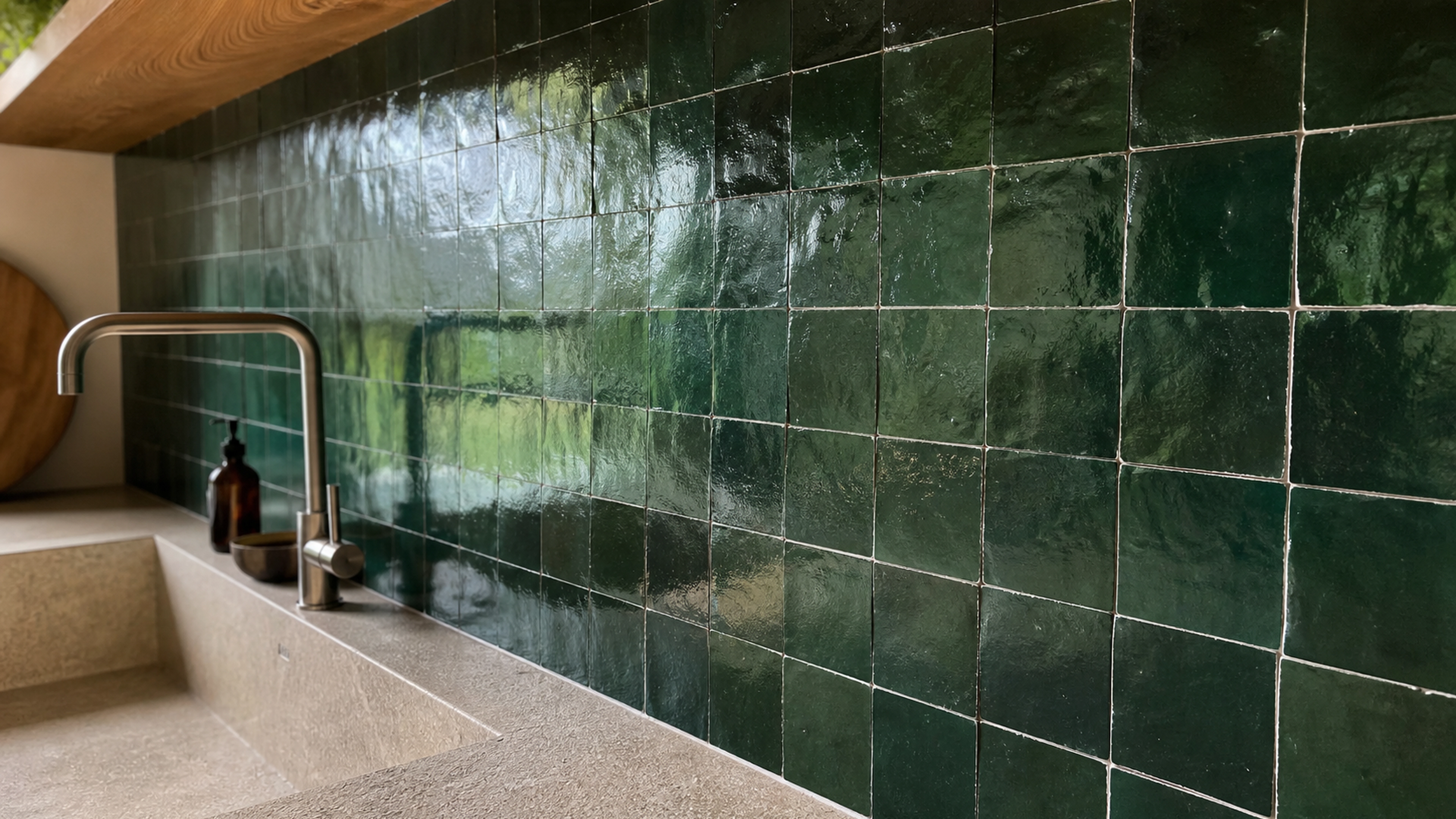 Crédence en carreaux effet zellige vert forêt brillant dans une cuisine lumineuse