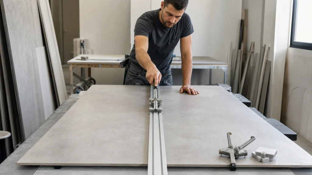 Artisan utilisant une règle carrelette sur un carrelage grand format