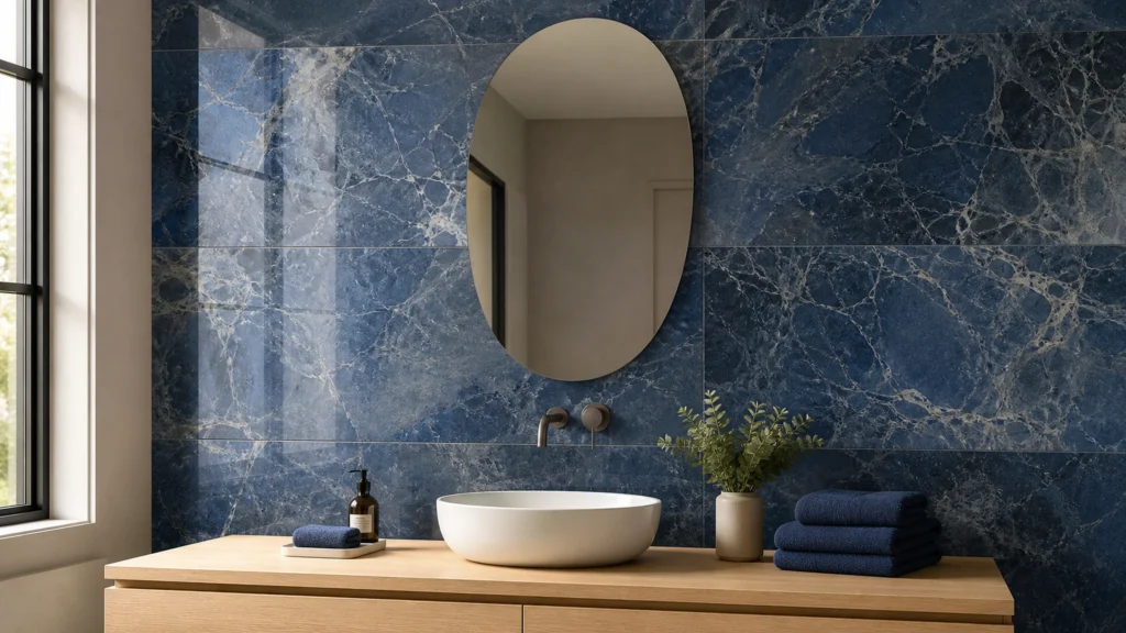 Grands carreaux bleus effet marbre sur le mur d’une salle de bains