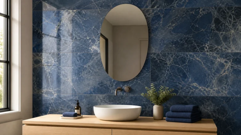 Grands carreaux bleus effet marbre sur le mur d’une salle de bains