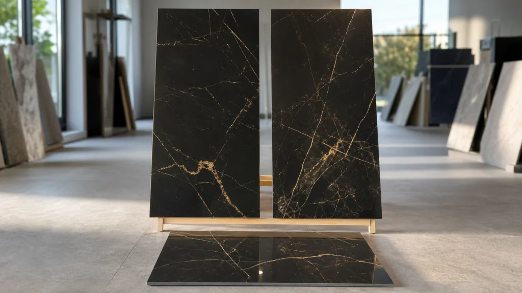 Grands carreaux noirs effet marbre aux veinures dorées dans un showroom