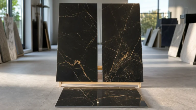 Grands carreaux noirs effet marbre aux veinures dorées dans un showroom