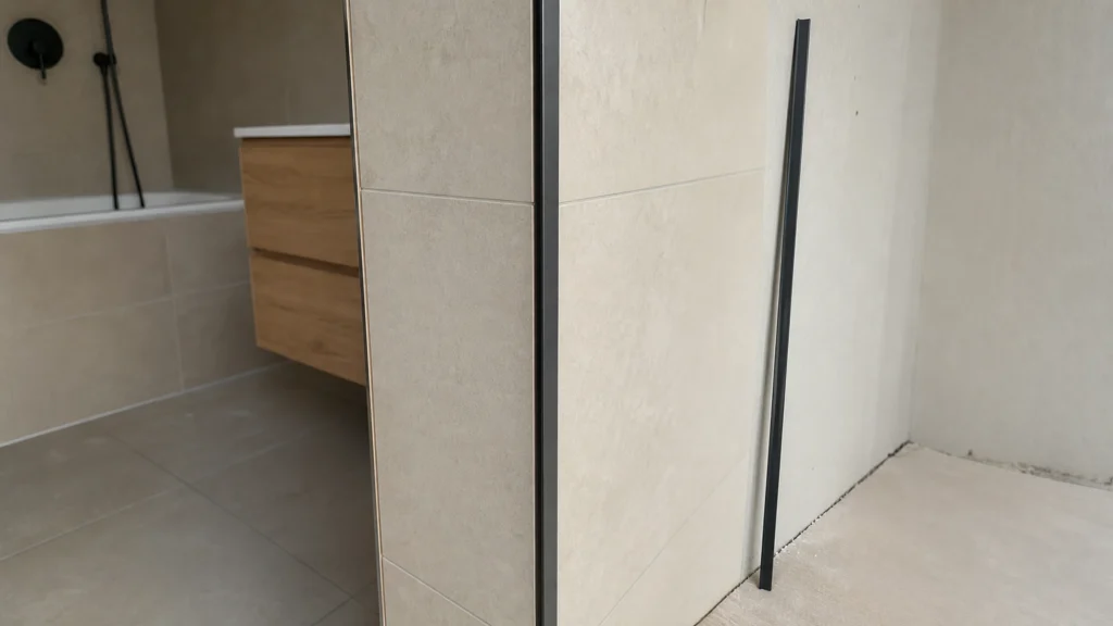 Deux profilés de finition en aluminium noir mat près d'un angle sortant carrelé