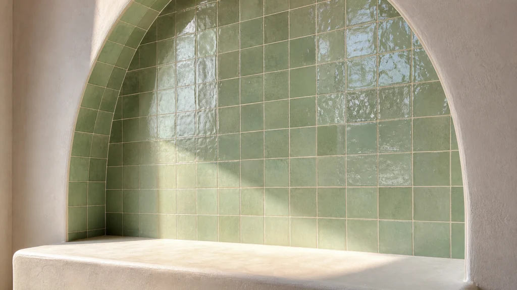 Alcôve intérieure en faïence carrée vert menthe brillante effet zellige
