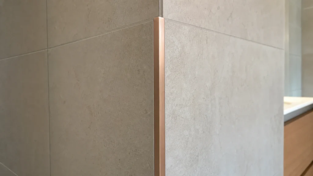 Profilé de finition or rose brossé sur un angle de carrelage beige