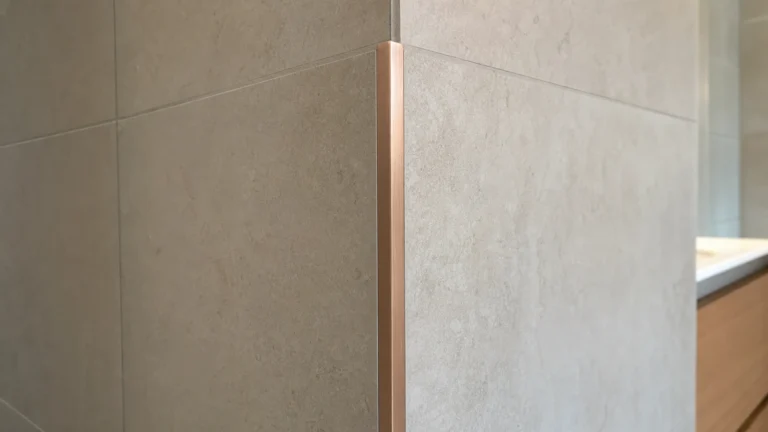 Profilé de finition or rose brossé sur un angle de carrelage beige