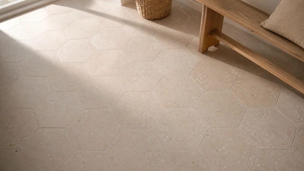 Sol en carrelage hexagonal effet terrazzo nude dans un coin repas lumineux