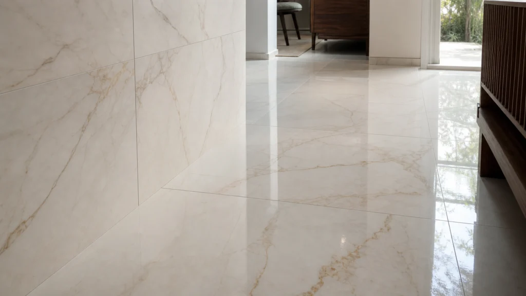 Carrelage brillant grand format effet marbre blanc et beige dans un hall intérieur