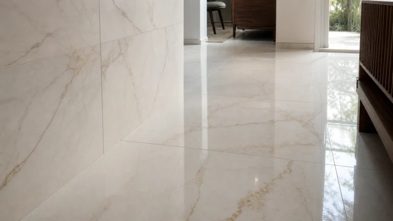 Carrelage brillant grand format effet marbre blanc et beige dans un hall intérieur