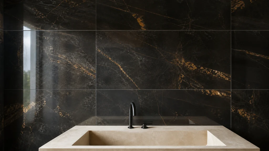 Mur en carrelage brillant effet marbre noir veiné d’or dans une salle d’eau