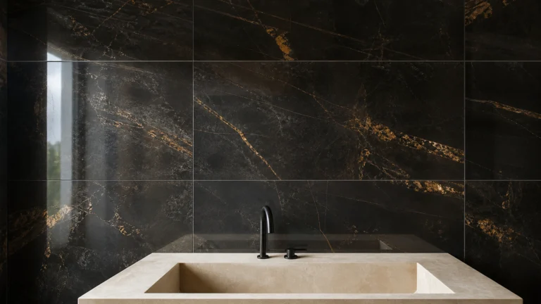 Mur en carrelage brillant effet marbre noir veiné d’or dans une salle d’eau