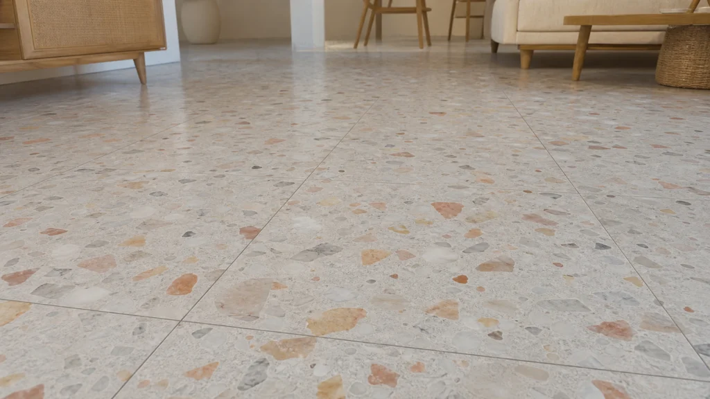 Sol intérieur en grands carreaux de terrazzo aux tons chauds et éclats de marbre