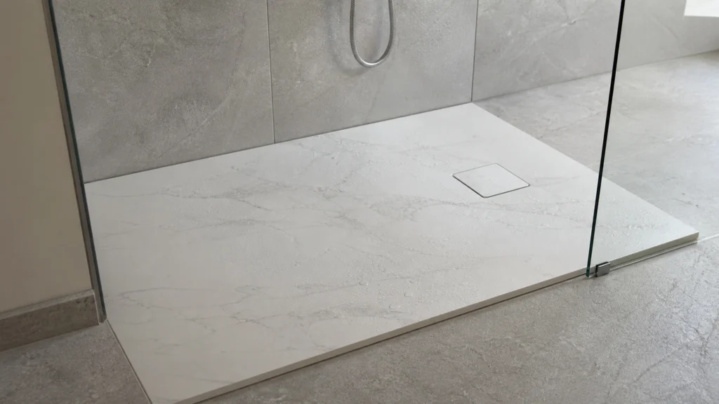 Receveur de douche extra-plat blanc marbré avec bonde carrée excentrée