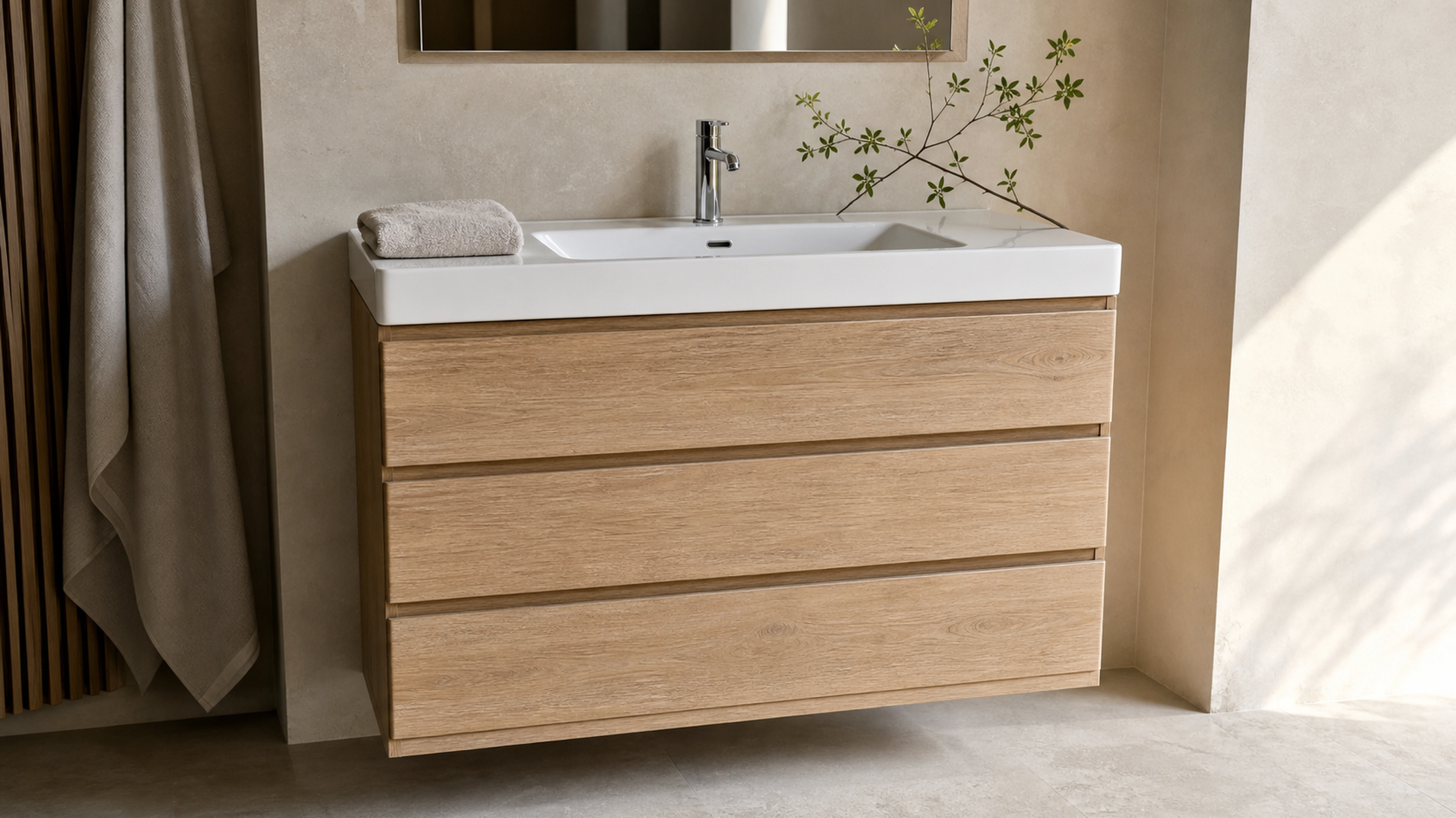 Meuble de salle de bain à trois tiroirs avec vasque blanche en céramique