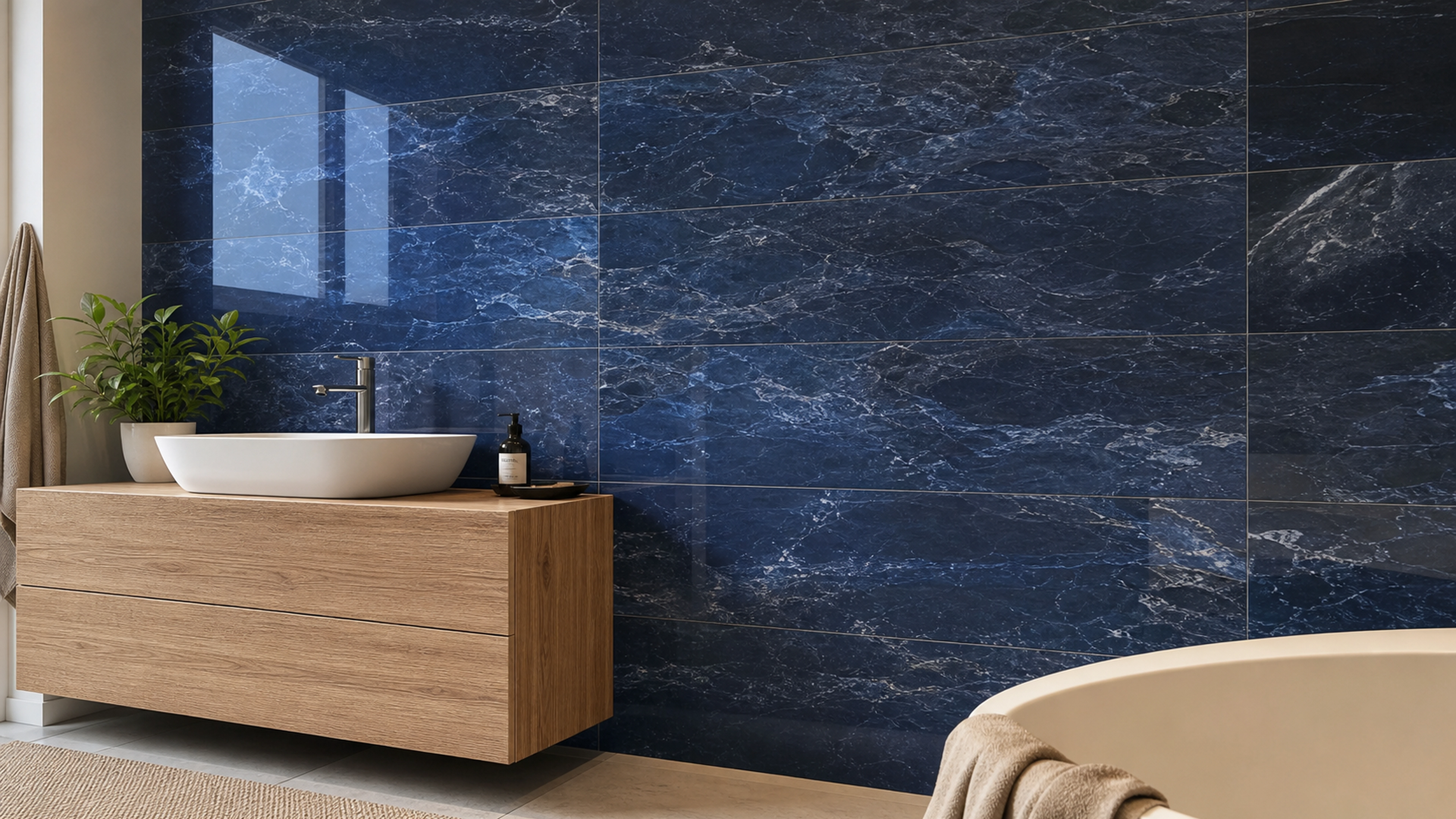 Mur de salle de bains en carrelage grand format à effet marbre bleu poli