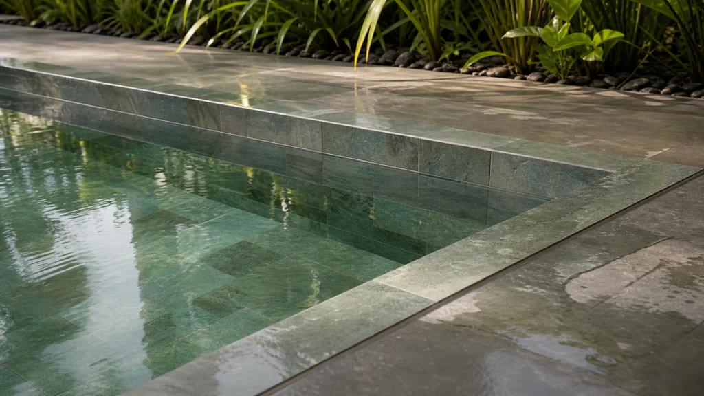 Carrelage vert effet pierre de Bali autour d'une piscine contemporaine