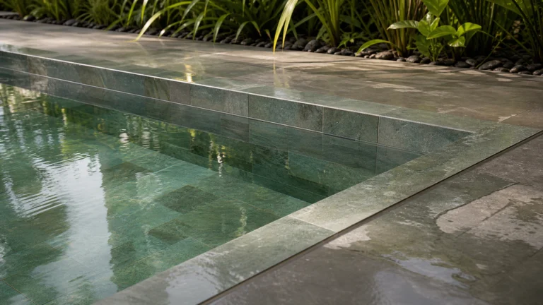 Carrelage vert effet pierre de Bali autour d'une piscine contemporaine