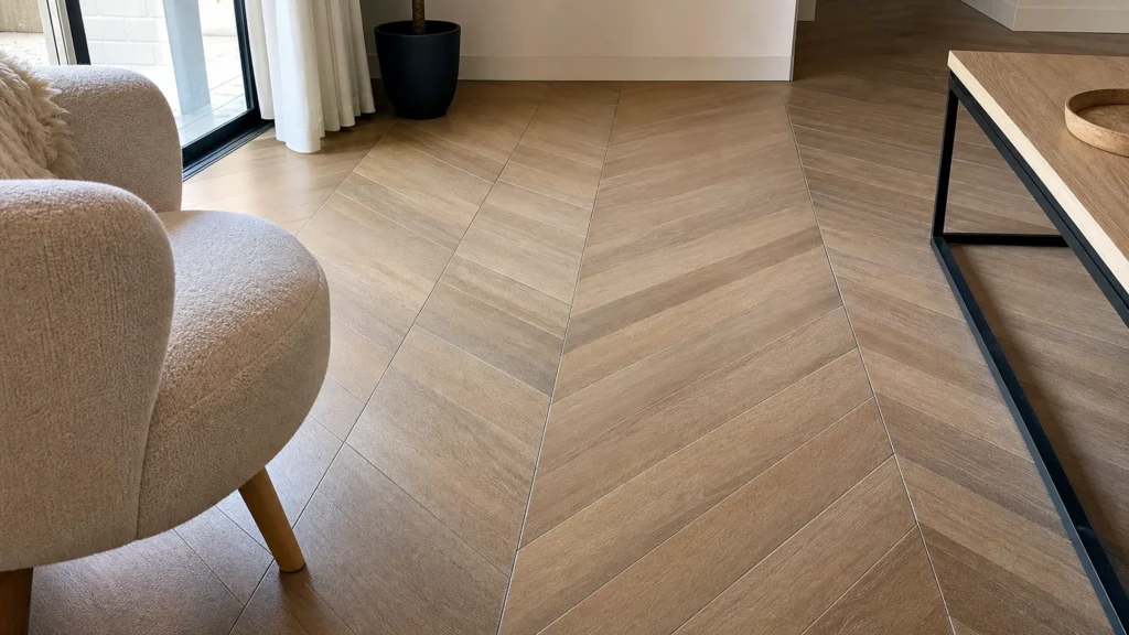 Carrelage effet parquet en pointe de Hongrie dans un séjour lumineux