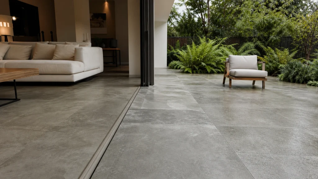 Carrelage effet pierre de Bali entre salon et terrasse végétalisée