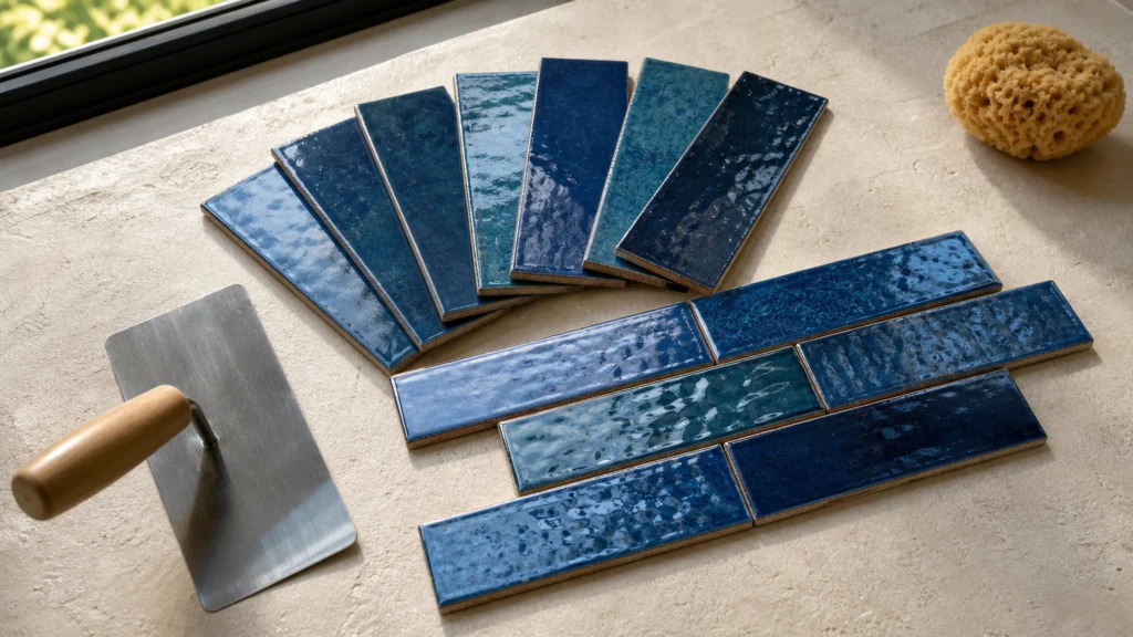 Échantillons de carreaux muraux bleus brillants effet zellige