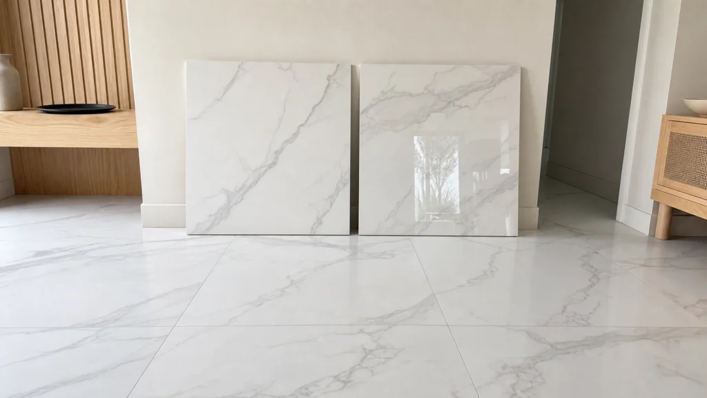 Sol intérieur en grands carreaux blancs à veinage gris effet marbre