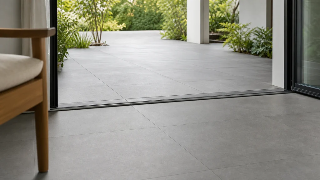 Carrelage gris effet béton posé entre intérieur et terrasse couverte