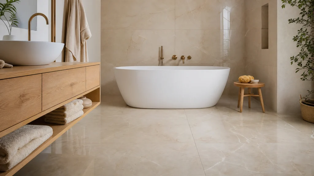 Salle de bains contemporaine avec carrelage beige brillant à effet marbre