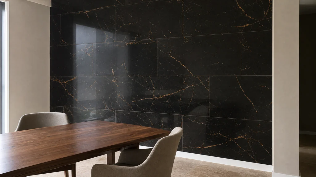 Mur intérieur en carrelage noir brillant grand format à veinage doré