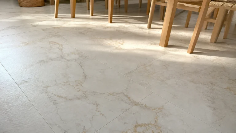 Sol en carrelage blanc effet marbre avec veinage gris et brun