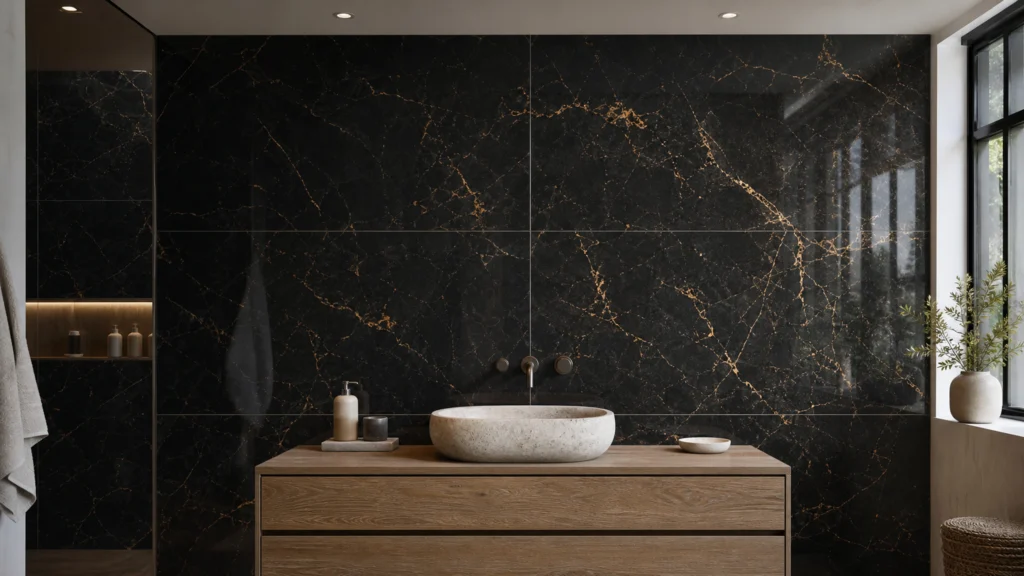 Salle de bains avec carrelage brillant effet marbre noir et veines dorées