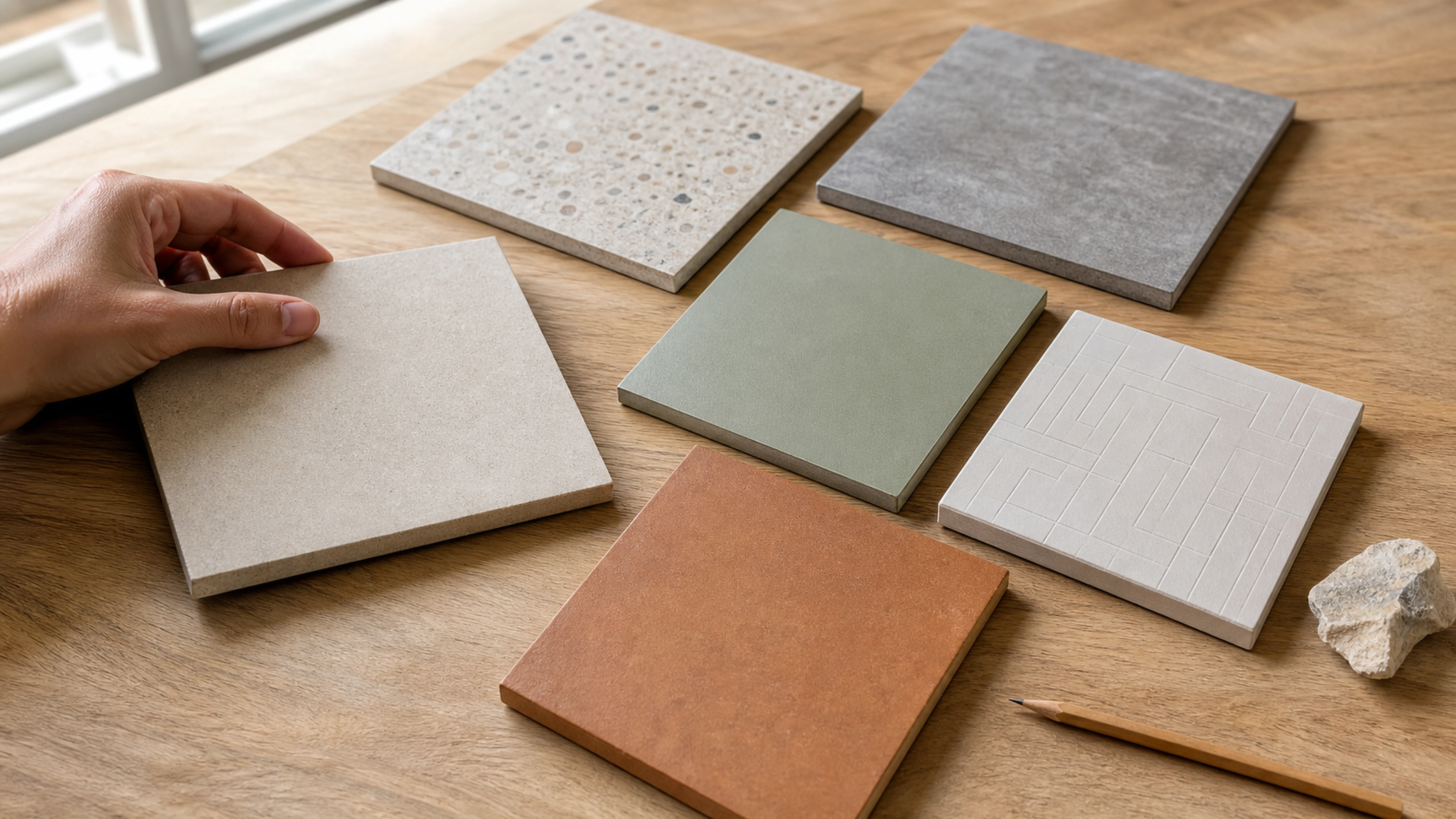 Échantillons de carrelages design disposés sur une table de décoration