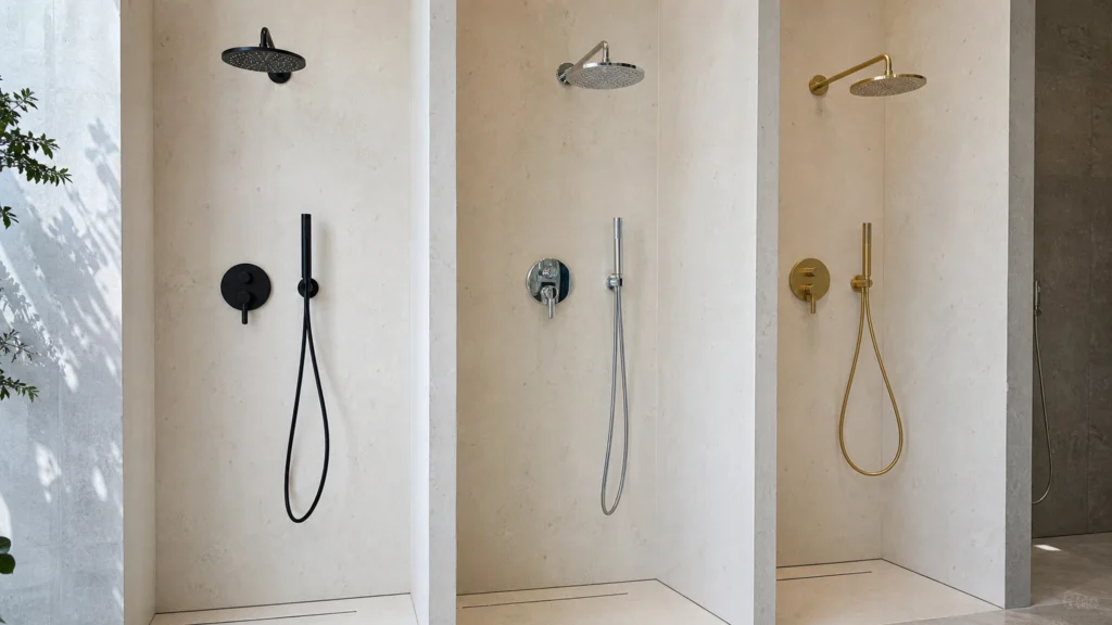 Trois ensembles de douche encastrés noir mat, chrome et or brossé